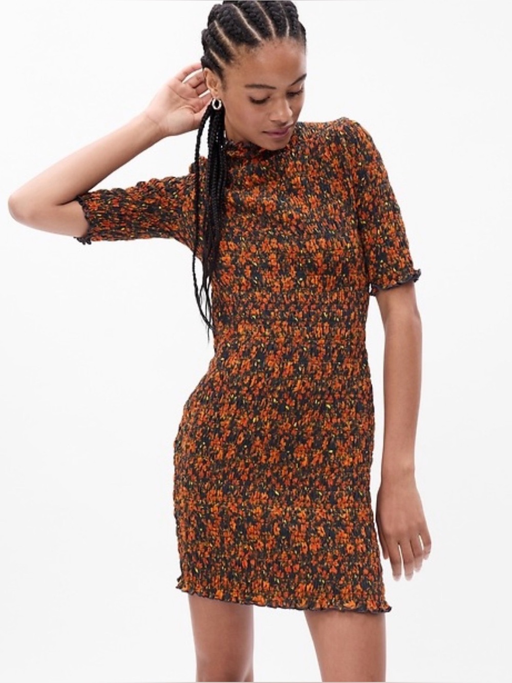 GAP Black and Orange Floral Smocked Mini Dress